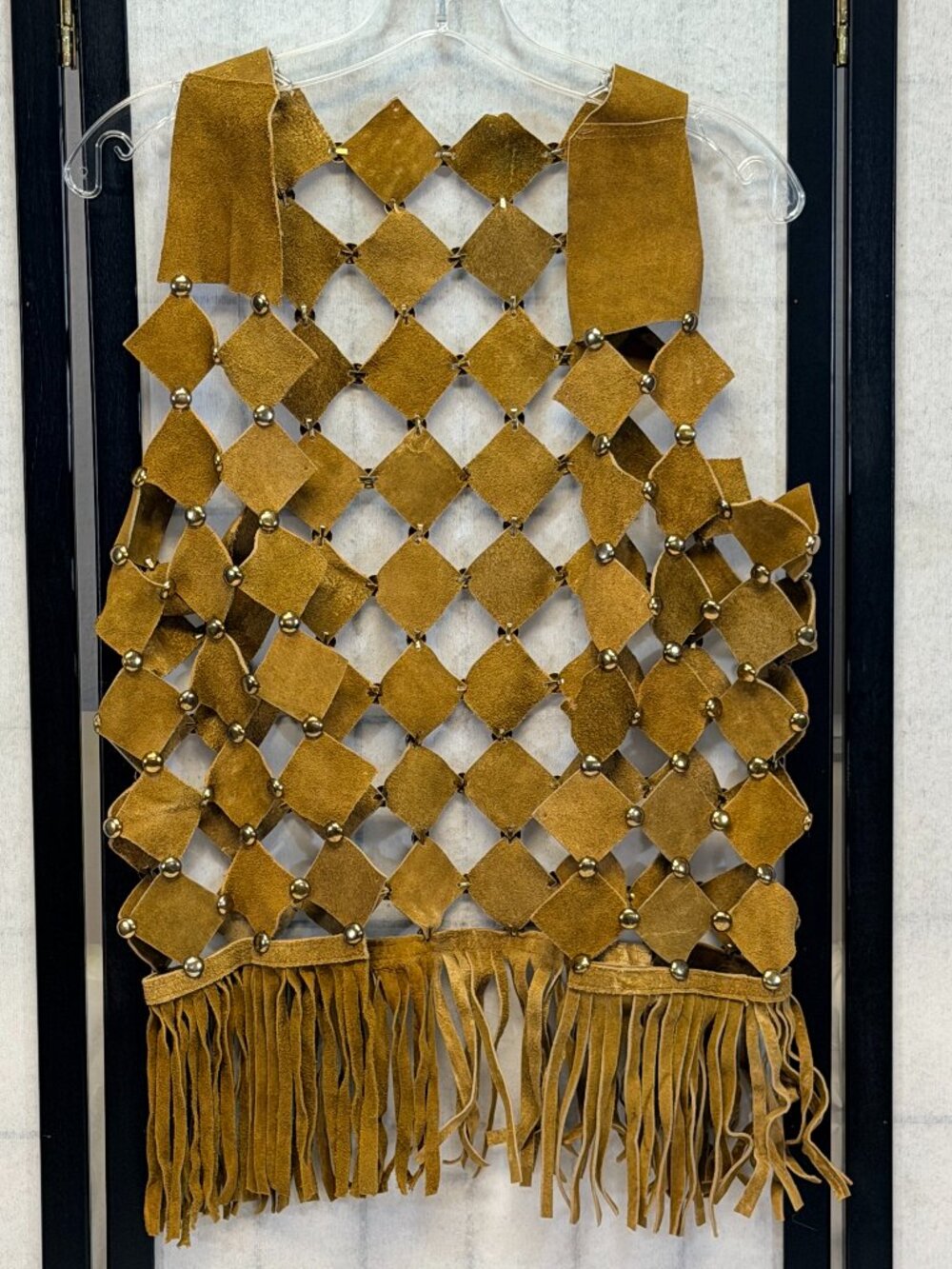 Unisex Suede Fringed Vest Gold Studded Diamond Cut Patchwork Openwork Handmade